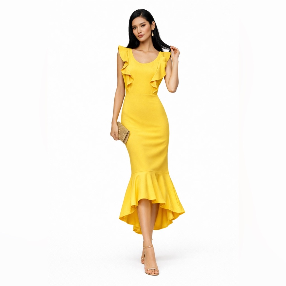 ANRABESS Yellow Ruffle Mermaid Midi Dress M Cocktail